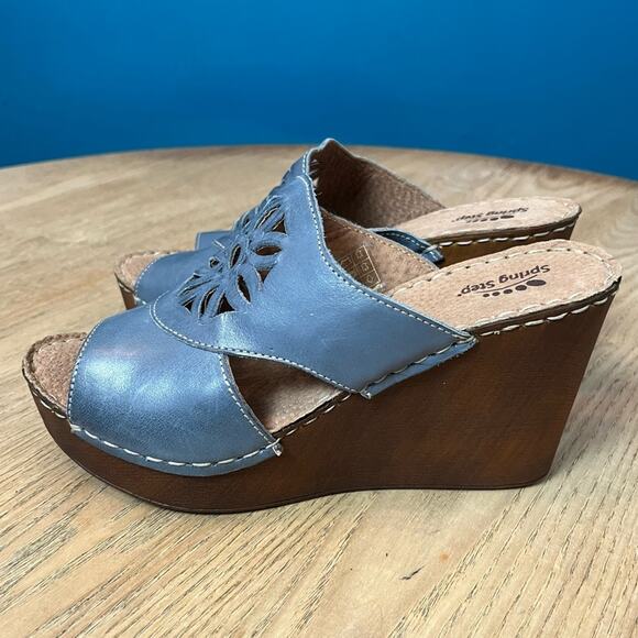 NWT Spring Step Blue Leather Sunburst Wedge Bohemian Sandal Size 38/Women’s 7.5 - Picture 4 of 11